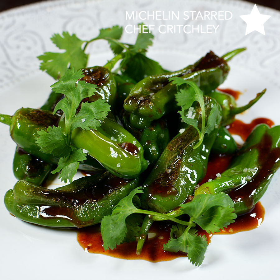 Shishito Peppers with Ginger Kabayaki Glaze cooked on Cinder grill precision cooker indoor grill