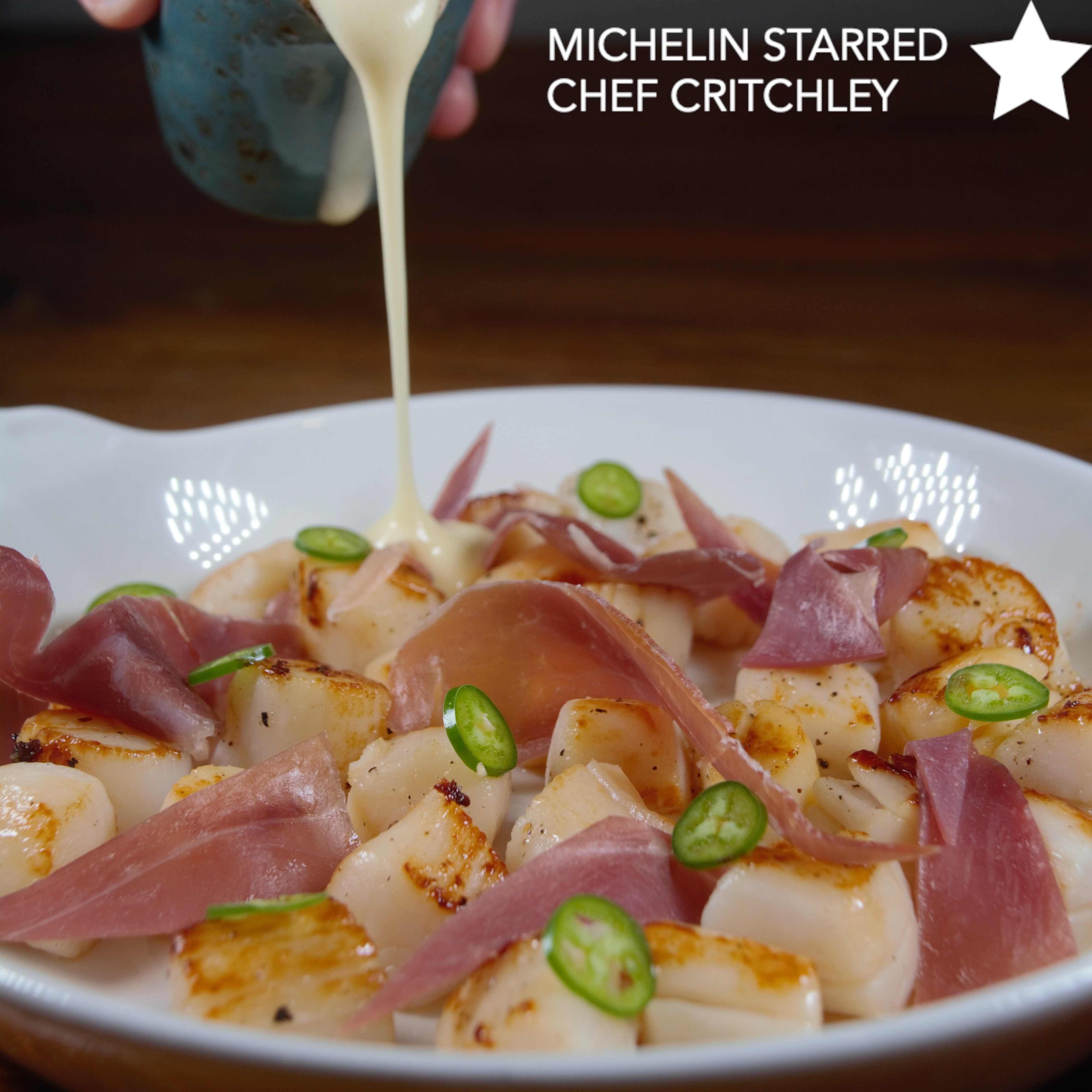 Seared Bay Scallops with Serrano Ham and chilies Cinder