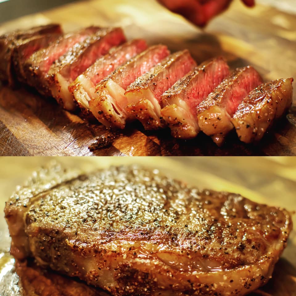 perfectly cooked steaks on cinder grill 