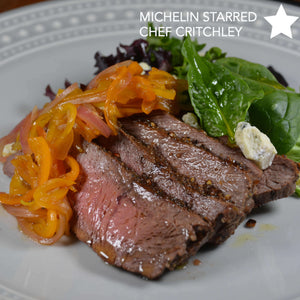 Grass-fed beef shoulder steak cooked to prefection on cinder grill sous vide precision cooker