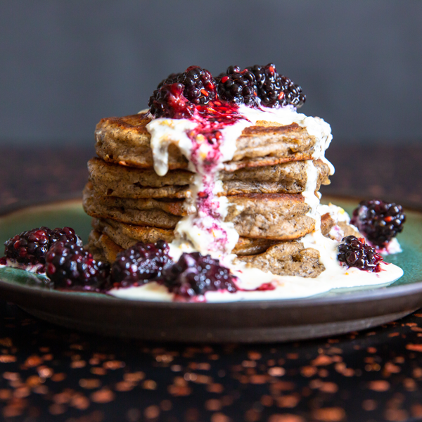 Cinder Grill Buttermilk Pancake Pancakes Recipe with Blackberries and Cream